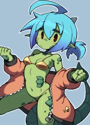 1girl ahoge average-hanzo bikini blue_hair breasts colored_skin dragon_girl gold_bikini green_skin jacket jessu_(average-hanzo) long_sleeves navel orange_jacket original outline pointy_ears red_eyes scales simple_background small_breasts solo swimsuit white_outline