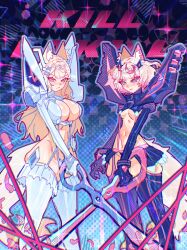 Rule 34 | animal ears, black thighhighs, blonde hair, blue eyes, blue hair, breasts, commentary, cosplay, dog ears, dog girl, dog tail, english commentary, fuwawa abyssgard, highres, hololive, hololive english, junketsu, kill la kill, kiryuuin satsuki, kiryuuin satsuki (cosplay), large breasts, long hair, matoi ryuuko, matoi ryuuko (cosplay), medium hair, mococo abyssgard, multicolored hair, navel, pink eyes, pink hair, scissor blade (kill la kill), senketsu, siblings, sisters, small breasts, tail, thighhighs, tuiffff, twins, virtual youtuber, white thighhighs
