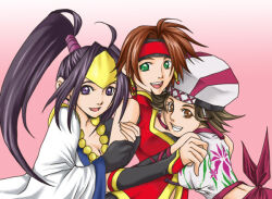 beret black_hair breasts brown_eyes brown_hair cleavage green_eyes hat headband hug inahime kunoichi_(sengoku_musou) long_sleeves musou_orochi purple_eyes sengoku_musou smile sun_shang_xiang_(shin_sangoku_musou) tiara
