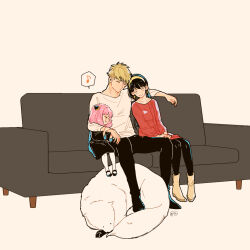 Rule 34 | 1boy, 2girls, animal, anya (spy x family), awarinko, black dress, black hair, black pants, black pantyhose, black shoes, blonde hair, bond (spy x family), brown background, brown hairband, couch, dog, dress, eighth note, hairband, highres, long hair, long sleeves, multiple girls, musical note, on couch, pants, pantyhose, pink hair, red dress, shoes, signature, simple background, spoken musical note, spy x family, twilight (spy x family), very long hair, white pantyhose, yor briar
