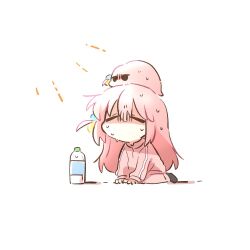 1girl bocchi_the_rock! bottle chibi chibi_only closed_eyes gotoh_hitori gotoh_hitori_(tsuchinoko) hot long_hair on_head pink_hair pink_track_suit rebecca_(keinelove) sitting summer sweat track_suit water_bottle