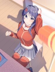 1girl arm_up blue_eyes blue_hair blue_skirt blurry blush breasts choker closed_mouth commentary_request depth_of_field from_above hand_on_own_head highres indoors kind_mita_(miside) long_hair long_sleeves looking_at_viewer medium_breasts midriff miniskirt miside mita_(miside) mmmmrr_k navel on_chair pleated_skirt red_choker red_shirt red_thighhighs shirt skirt solo_focus thighhighs toy_hammer wooden_floor