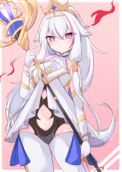 Rule 34 | 1girl, absurdres, bare shoulders, blush, breasts, closed mouth, clothing cutout, commentary request, crown, detached sleeves, dress, gigamera, halterneck, high ponytail, highres, hip vent, holding, holding scepter, long hair, long sidelocks, looking at viewer, medium breasts, navel, navel cutout, pink background, pink eyes, ponytail, scepter, shadowverse, shadowverse: worlds beyond, sidelocks, simple background, sleeveless, solo, standing, tiara, very long hair, very long sidelocks, white dress, white hair, zirconia (shadowverse)