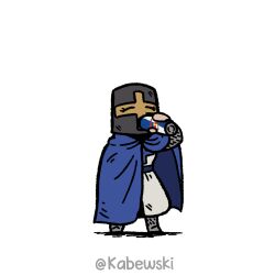 Rule 34 | 1girl, absurdres, age of empires ii, artist name, blue cape, can, cape, drinking, helm, helmet, highres, holding, holding can, kabewski, red bull, solo, standing, teutonic knight (age of empires ii), white background