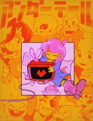 alphys androgynous arthropod_girl colored_skin flowey_(undertale) frisk_(undertale) goat_girl hair_over_one_eye heart highres insect_girl mettaton mettaton_ex monster_kid_(undertale) muffet multiple_boys napstablook open_mouth papyrus_(undertale) robot sans_(undertale) shio_tou shirt short_hair simple_background smile spider_girl toriel undertale undyne yellow_skin