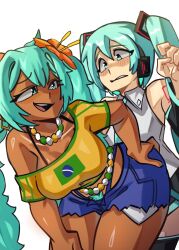 2girls bikini blue_eyes blue_hair brazilian_miku breasts dark-skinned_female dark_skin flat_chest hatsune_miku highres moxydraws multiple_girls selfcest shorts swimsuit teasing twintails vocaloid yuri