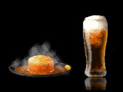 alcohol beer beer_glass custard foam food_focus highres hisachan55cute ice ice_cube no_humans original pixel_art simple_background steaming_food still_life