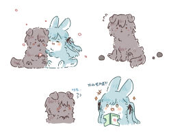 0_0 :d animal animal_focus animalization black_ribbon blush closed_eyes commentary_request dog flower flying_sweatdrops hair_ribbon hinomori_shizuku holding holding_notebook korean_commentary multiple_views no_humans notebook open_mouth project_sekai rabbit ribbon shinonome_ena smile sparkle ten_b two_side_up