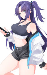 1girl alternate_costume black_shorts black_sports_bra blue_archive blue_eyes blue_nails breasts cellphone cleavage denim denim_shorts highres holding holding_phone isocha jacket long_hair looking_at_viewer medium_breasts open_clothes open_jacket phone purple_hair shorts smartphone solo sports_bra thick_thighs thighs two_side_up white_background yuuka_(blue_archive)