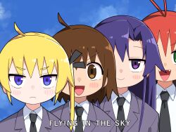 Rule 34 | 4girls, antenna hair, black necktie, black ribbon, blonde hair, blue eyes, blush, brown eyes, brown hair, closed mouth, collared shirt, english text, fangs, g gundam, goshiki agiri, green eyes, grey jacket, gundam, hair ribbon, highres, jacket, kill me baby, long hair, looking at viewer, multiple girls, necktie, open mouth, oribe yasuna, parody, purple eyes, purple hair, red hair, ribbon, school uniform, shirt, short hair, sky, sonya (kill me baby), unused character (kill me baby), upper body, white shirt, yachima tana