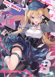 1girl absurdres ace_(playing_card) ace_of_hearts artist_request bao_bao_(dokibird) blonde_hair blue_hat boots breasts card choker dokibird_(vtuber) dokibird_(vtuber)_(retro_doki) english_text fingerless_gloves foot_out_of_frame gem gloves green_eyes hat heart highres indie_virtual_youtuber jewelry medium_breasts mei_mei_(dokibird) necklace pearl_necklace playing_card single_leg_pantyhose smile solo twintails underbust virtual_youtuber