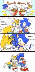 4koma blonde_hair blue_eyes blue_fur blue_hair blush chopsticks comic confused eating food fox gloves green_yes hedgehog multiple_tails noodles one_eye_closed ramen sega shoes shrimp sitting smile smirk socks sonic_(series) sonic_the_hedgehog tail tails_(sonic) two_tails wink yellow_fur yotsumeddd
