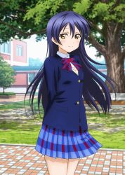 1girl anime_coloring arms_behind_back blazer blue_bow blue_bowtie blue_hair blue_jacket blue_skirt blush bow bowtie brown_sweater_vest cowboy_shot diagonal-striped_bow diagonal-striped_bowtie diagonal-striped_clothes dress_shirt hair_between_eyes hirayama_madoka jacket long_hair long_sleeves looking_at_viewer looking_to_the_side love_live! love_live!_school_idol_festival love_live!_school_idol_project miniskirt official_art otonokizaka_school_uniform outdoors plaid_clothes plaid_skirt plant pleated_skirt school school_uniform shirt skirt smile solo sonoda_umi striped_clothes sweater_vest three_quarter_view tile_floor tiles tree white_shirt winter_uniform yellow_eyes