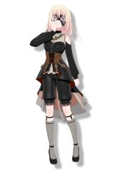 Rule 34 | 1girl, bang dream!, bang dream! it&#039;s mygo!!!!!, black dress, black footwear, black mask, black shorts, blonde hair, breasts, brown corset, clothing cutout, corset, doloris (bang dream!), dress, earrings, full body, garter straps, grey socks, hair between eyes, hand on own face, jewelry, kneehighs, lcl, long sleeves, looking at viewer, mask, masquerade mask, medium breasts, medium hair, misumi uika, official art, purple eyes, shorts, shorts under dress, shoulder cutout, simple background, socks, solo, tachi-e, transparent background, yellow brooch