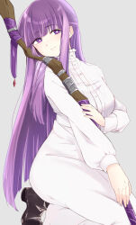 Rule 34 | 1girl, arm under breasts, black shoes, breasts, bright pupils, buttons, closed mouth, collar, collared dress, commentary request, dress, fern (sousou no frieren), frilled collar, frills, full body, grey background, highres, holding, holding staff, large breasts, long dress, long hair, long sleeves, looking at viewer, mage staff, purple eyes, purple hair, seiza, shoes, simple background, sitting, smile, solo, sousou no frieren, staff, toamaru54, very long hair, white dress, white pupils