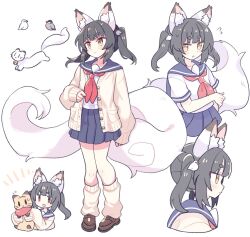 1girl animal animal_ear_fluff animal_ears animalization bell bird bird_hair_ornament black_hair blue_sailor_collar blue_skirt brown_shoes cardigan flying_sweatdrops fox fox_ears fox_girl fox_tail full_body hair_ornament holding holding_animal jingle_bell leg_warmers loafers medium_hair miniskirt multiple_tails multiple_views neck_bell neckerchief open_cardigan open_clothes open_mouth original person_and_animalization pleated_skirt red_eyes red_neckerchief sailor_collar school_uniform serafuku shirt shoes short_eyebrows short_sleeves simple_background skirt smile suzuno_(suzuno3110) tail thick_eyebrows twintails two_tails white_background white_leg_warmers white_shirt yellow_eyes