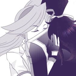 1boy 1girl ace_attorney athena_cykes bow bow_hairband closed_eyes crescent crescent_earrings earrings gloves greyscale hair_bow hairband hug jacket jewelry long_hair monochrome necktie partially_fingerless_gloves simon_blackquill swept_bangs sylphy_fe upper_body
