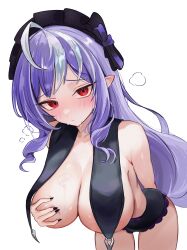 1girl absurdres ahoge arm_behind_back bare_shoulders bent_over black_bloomers bloomers breast_curtains breasts chowol cleavage covering_one_breast covering_privates cowboy_shot embarrassed headdress highres large_breasts long_hair looking_at_viewer multicolored_hair nail_polish pointy_ears purple_hair red_eyes simple_background solo streaked_hair underwear very_long_hair vivian_(zenless_zone_zero) white_background zenless_zone_zero
