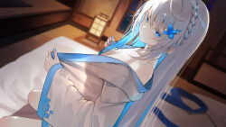 1girl absurdres andon_(lighting) aogiri_koukou blue_eyes blue_flower blue_hair blue_nails blue_pupils blurry blurry_background braid breasts closed_mouth collarbone colored_eyelashes colored_inner_hair flower grey_hair hair_flower hair_ornament highres indoors kkix25 kurikoma_komaru lantern long_hair multicolored_hair open_clothes open_robe robe see-through_silhouette solo streaked_hair symbol-shaped_pupils virtual_youtuber white_robe window