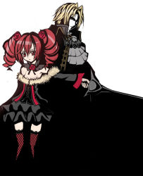 1041_(toshikazu) 1boy 1girl amy_sorel bare_shoulders black_dress black_thighhighs blonde_hair choker dress drill_hair father_and_daughter fishnet_thighhighs fishnets flower formal_clothes frilled_shirt frills fur_trim gothic_lolita hair_flower hair_ornament lolita_fashion namco raphael_sorel rapier red_eyes red_hair ringlets rose shirt soul_calibur soulcalibur soulcalibur_iv sword thighhighs twin_drills twintails weapon