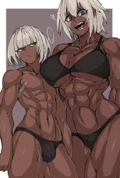 1boy 1girl :d abs absurdres aqua_eyes bikini black_bikini black_panties breasts brother_and_sister brown_background closed_mouth dark-skinned_female dark_skin facial_mark grey_hair heart highres large_breasts looking_at_another looking_at_viewer muscular muscular_arms muscular_female muscular_legs muscular_male navel open_mouth original panties sharp_teeth short_hair siblings smile swimsuit teeth thick_thighs thighs underwear very_dark_skin zokusuke