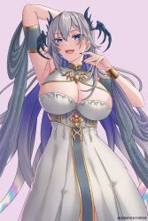 1girl arm_up armpits blue_eyes breasts cleavage dress gold_vambraces gradient_hair grey_dress grey_hair head_wings highres horizontal_pupils indie_virtual_youtuber large_breasts long_hair looking_at_viewer mole mole_under_mouth multicolored_hair pochimaru_(vtuber) pochimaru_(vtuber)_(4th_costume) purple_hair red_nails seraphim_throne solo virtual_youtuber wings