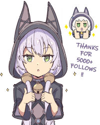 Rule 34 | 1girl, altina orion, arms up, bell, black hood, commentary, eiyuu densetsu, english commentary, english text, green eyes, highres, long hair, looking at viewer, milestone celebration, multiple views, naisu (nai su01), neck bell, sen no kiseki, sen no kiseki (series), sen no kiseki ii, simple background, standing, thank you, thumbs up, upper body, white background, white hair