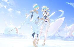 1boy 1girl aphrodite_(fate) armlet armor bare_shoulders bikini black_bikini black_leggings black_shirt blonde_hair blue_sky brother_and_sister cape castor_(fate) collar demeter_(fate) diadem fate/grand_order fate_(series) full_body gauntlets gold_armor gold_footwear hashtag-only_commentary high_heels highres imminent_hand_holding jewelry leggings looking_down metal_collar ocean open_mouth outdoors pollux_(fate) purple_eyes robe sandals shirt short_hair short_twintails shoulder_armor siblings sky sleeveless sleeveless_shirt smile standing standing_on_one_leg swimsuit twins twintails uda_(xax_057) white_cape white_robe