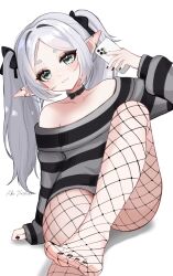 1girl :3 aki_hoshino aqua_eyes bare_shoulders belt belt_collar black_belt black_nails black_ribbon black_shirt collar collarbone earrings feet fishnet_pantyhose fishnets frieren grey_hair grey_shirt hair_ribbon highres holding holding_phone jewelry long_hair long_sleeves nail_polish off_shoulder pantyhose phone pointy_ears ribbon shadow shirt signature solo sousou_no_frieren striped_clothes striped_shirt toenail_polish toenails twintails
