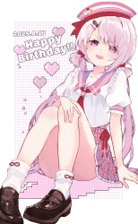 1girl blush bow brown_shoes commentary_request dated ghost_hat_ornament hair_bow hair_ornament hairclip hairpin happy_birthday hat hat_ornament heart highres loafers looking_at_viewer neckerchief nijisanji ouji_(monta3156) parted_lips pink_eyes pink_skirt pixel_heart pixelated pleated_skirt red_bow red_neckerchief sailor_hat school_uniform shiina_yuika shiina_yuika_(7th_costume) shirt shoes sitting skirt socks solo summer_uniform virtual_youtuber white_hair white_shirt white_socks