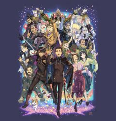6+boys 6+girls :d :o ace_attorney albert_harebrayne aqua_eyes ashley_graydon barok_van_zieks beard black_gloves blonde_hair brown_eyes brown_gloves brown_hair cat chuunosuke_(ace_attorney) cloak courtney_sithe dog facial_hair fingerless_gloves formal_clothes full_beard gakuran gina_lestrade glasses gloves goatee grin hat herlock_sholmes highres holding holding_sword holding_unworn_clothes holding_unworn_hat holding_weapon iris_wilson katana kazuma_asogi long_hair looking_at_viewer mael_stronghart maria_gorey meiji_schoolgirl_uniform multiple_boys multiple_girls mustache nuri_kazuya nyasogi official_art one_eye_closed open_mouth pink_hair rei_membami ryunosuke_naruhodo satoru_hosonaga school_uniform second-party_source seishiro_jigoku short_hair smile soseki_natsume suit susato_mikotoba sword the_great_ace_attorney the_great_ace_attorney_2:_resolve tobias_gregson toby_(ace_attorney) unworn_hat unworn_headwear usato_(ace_attorney) wagahai_(ace_attorney) weapon white_hair yujin_mikotoba