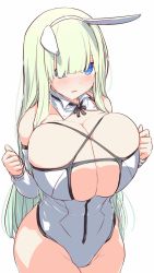 1girl blue_eyes blush breasts choker cleavage cleavage_cutout clothing_cutout collarbone detached_sleeves feet_out_of_frame green_hair huge_breasts hukugumaden leotard long_hair playboy_bunny rabbit_ears ribbon_choker white_background white_leotard white_neckwear wide_hips