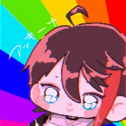 1boy ahoge blue_eyes blush_stickers chibi chibi_only choker hair_between_eyes looking_ahead male_focus mi_oxo_9m multicolored_hair nijisanji parted_lips pixel_art rainbow_background saegusa_akina solo streaked_hair sunburst sunburst_background virtual_youtuber