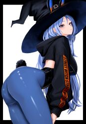 Rule 34 | 1girl, absurdres, animal ears, arched back, ass, bae minah (chaesu), bent over, black hat, black hoodie, black leotard, blue eyes, blue hair, blue pantyhose, borrowed character, breasts, closed mouth, commentary, cowboy shot, crop top, crop top overhang, cropped hoodie, expressionless, fake animal ears, fake tail, from side, hand on own thigh, hat, highleg, highleg leotard, highres, hood, hood down, hoodie, large breasts, leotard, long hair, long sleeves, looking at viewer, looking to the side, original, pantyhose, parted bangs, playboy bunny, rabbit ears, rabbit tail, shiny pantyhose, simple background, solo, standing, tail, very long hair, white background, witch hat, yan kodiac