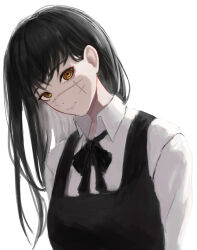 1girl absurdres black_hair black_ribbon chainsaw_man closed_mouth collared_shirt dress facial_scar highres long_sleeves looking_at_viewer m1key02 neck_ribbon pinafore_dress ribbon ringed_eyes scar scar_on_cheek scar_on_face shirt simple_background sleeveless sleeveless_dress solo white_background white_shirt yellow_eyes yoru_(chainsaw_man)