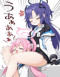 2girls anger_vein black_gloves black_jacket black_skirt blue_archive blue_necktie breasts clenched_teeth closed_eyes collared_shirt crying double-parted_bangs emphasis_lines fang feet_out_of_frame gloves halo highres id_card jacket koyuki_(blue_archive) large_breasts long_hair long_sleeves mechanical_halo multiple_girls necktie off_shoulder open_mouth pink_halo pleated_skirt purple_hair scissorhold shirt simple_background sitting skin_fang skirt suwa_yasai sweatdrop teeth thighs trembling twintails two-sided_fabric two-sided_jacket two_side_up upper_body v-shaped_eyebrows white_background white_jacket white_shirt wrestling yuuka_(blue_archive)