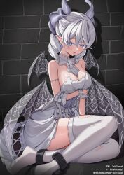 1girl absurdres ankle_cuffs arm_under_breasts armlet bare_shoulders blush breasts cleavage demon_girl demon_horns demon_wings detached_collar dress drill_hair duel_monster earrings grey_corset grey_eyes highres horns jewelry large_breasts long_hair looking_at_viewer lovely_labrynth_of_the_silver_castle open_mouth pointy_ears solo strapless strapless_dress thighhighs tokiyanagi transparent_wings twin_drills white_dress white_hair white_thighhighs wings yu-gi-oh!