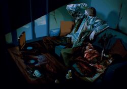 2boys black_hair black_necktie black_pants blood blood_on_clothes blood_on_wall can chromatic_aberration corpse couch cup cushion death drinking gloves guro head_back highres holding holding_can horror_(theme) indoors iolite1018 knife mug multiple_boys necktie original pants phonograph raincoat see-through_clothes see-through_raincoat shirt short_hair sitting sliding_doors table white_gloves white_shirt
