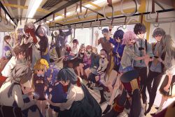 6+boys 6+girls ahoge alternate_costume animal_ear_fluff animal_ears arlan_(honkai:_star_rail) arm_up asta_(honkai:_star_rail) backpack bag bailu_(honkai:_star_rail) barefoot black_bow black_bowtie black_hair black_jacket black_pants black_shoes black_shorts black_socks blazer blonde_hair blue_hair blue_neckerchief blue_skirt bow bowtie bronya_rand brown_hair caelus_(honkai:_star_rail) cellphone clara_(honkai:_star_rail) collared_shirt commentary computer crop_top dan_heng_(honkai:_star_rail) dog dragon_horns dress english_commentary erotipop everyone fox_ears fox_tail gepard_landau glasses green_eyes green_necktie green_shirt green_skirt grey_hair hair_between_eyes hair_ribbon half_updo hand_grip hat herta_(honkai:_star_rail) highres himeko_(honkai:_star_rail) holding holding_hand_grip holding_phone honkai:_star_rail honkai_(series) hook_(honkai:_star_rail) horns jacket jing_yuan kafka_(honkai:_star_rail) kneehighs laptop leaning_on_person long_hair long_skirt looking_at_another looking_down luocha_(honkai:_star_rail) march_7th_(honkai:_star_rail) midriff multiple_boys multiple_girls natasha_(honkai:_star_rail) neckerchief necktie off_shoulder pants pela_(honkai:_star_rail) phone pink_hair pink_jacket pleated_skirt pom-pom_(honkai:_star_rail) ponytail purple_eyes purple_hair purple_jacket purple_sweater qingque_(honkai:_star_rail) randoseru red_eyes red_hair red_headwear red_jacket ribbon sampo_koski school_hat school_uniform seele_(honkai:_star_rail) serafuku serval_landau shirt shirt_tucked_in shoes shorts shoulder_bag silver_wolf_(honkai:_star_rail) sitting skirt smartphone socks standing stelle_(honkai:_star_rail) sushang_(honkai:_star_rail) svarog_(honkai:_star_rail) sweater tail tingyun_(honkai:_star_rail) track_jacket trailblazer_(honkai:_star_rail) train_interior twintails very_long_hair welt_yang white_dress white_hair white_pants white_shirt white_skirt white_socks yanqing_(honkai:_star_rail) yellow_eyes yellow_headwear yellow_necktie yellow_ribbon yellow_trim