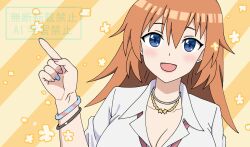 Rule 34 | 1girl, :d, absurdres, bertsr, blue eyes, blush, bracelet, breasts, charlotte e. yeager, collar, formal clothes, gyaru, highres, jacket, jewelry, large breasts, looking at viewer, low neckline, multicolored nails, nail polish, open mouth, orange hair, smile, solo, solo focus, strike witches, suit, suit jacket, translation request, upper body, world witches series