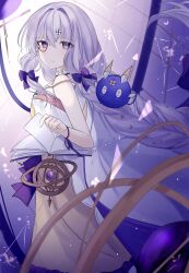 Rule 34 | 1girl, absurdres, arcaea, bare shoulders, book, bow, braid, charon (arcaea), collar, dress, from side, hair between eyes, hair ornament, highres, jacket, lagrange (arcaea), light smile, long hair, mai (ayamai2017), monocle, purple bow, purple eyes, purple hair, sidelocks, single braid, solo, twintails, white jacket, yellow dress