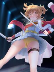 1girl absurdres aiguillette arm_at_side belt belt_buckle blonde_hair blurry blurry_background blush bow bow_panties buckle cameltoe clothes_lift commentary_request commission daiba_nana dual_wielding epaulettes feet_out_of_frame fingernails from_below fur-trimmed_jacket fur_trim green_eyes green_ribbon grey_skirt hair_between_eyes hair_ribbon hand_up heavy_breathing highres holding holding_sword holding_weapon indoors jacket jacket_on_shoulders katana legs_apart long_sleeves looking_at_viewer miniskirt panties parted_lips pixiv_commission pleated_skirt pussy_juice pussy_juice_stain red_jacket red_sash remote_control_vibrator ribbon sash sex_toy short_hair short_twintails shoujo_kageki_revue_starlight shoulder_sash shroomia skirt skirt_lift solo standing sweatdrop sword thigh_strap twintails underwear upskirt vibrator vibrator_in_thigh_strap vibrator_under_clothes vibrator_under_panties waist_cape weapon white_jacket yellow_belt yellow_bow yellow_panties