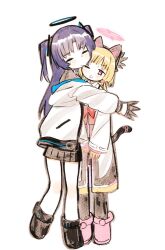 2girls animal_ear_headphones animal_ears ankle_boots black_gloves black_jacket black_skirt blonde_hair blue_archive blue_hair boots bow bowtie cat_ear_headphones cat_tail fake_animal_ears gloves halo headphones hug jacket long_hair low_twintails momoi_(blue_archive) multiple_girls one_eye_closed pink_eyes pink_halo red_bow red_bowtie shinbashi_seiji short_hair simple_background sketch skirt tail twintails two_side_up white_background white_jacket yuuka_(blue_archive)