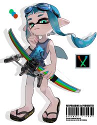 Rule 34 | 1girl, absurdres, aqua eyes, black sandals, blue hair, bow (weapon), closed mouth, color guide, fegrqzf, full body, goggles, goggles on head, highres, holding, holding bow (weapon), holding weapon, inkling, inkling girl, inkling player character, long hair, looking at viewer, nintendo, pointy ears, sandals, smile, solo, splatoon (series), splatoon 3, standing, tentacle hair, toes, tri-stringer (splatoon), weapon, white background