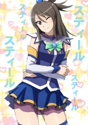 Rule 34 | 1girl, alternate hairstyle, aqua (konosuba), aqua (konosuba) (cosplay), blouse, blue shirt, blue skirt, bow, bowtie, brooch, closed mouth, cosplay, cowboy shot, crossed arms, detached sleeves, girls und panzer, green bow, green bowtie, hair ornament, hair rings, head chain, heart, highres, jewelry, kono subarashii sekai ni shukufuku wo!, long hair, looking at viewer, microskirt, mika (girls und panzer), omachi (slabco), one eye closed, shirt, single hair ring, skirt, sleeveless, sleeveless shirt, smile, solo, sparkle, standing, translated, white sleeves