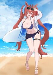 1girl animal_ears beach bikini black_sarong blue_bikini blush breasts cleavage commentary_request daiwa_scarlet_(umamusume) day full_body highres holding holding_surfboard horse_ears horse_girl horse_tail korean_commentary large_breasts long_hair looking_at_viewer ocean oldsickkim open_mouth red_eyes red_hair sarong smile solo standing surfboard swimsuit tail thighs twintails umamusume very_long_hair