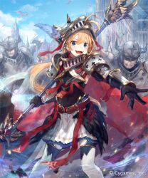 1girl 2boys armor belt belt_buckle bird black_gloves blonde_hair blue_eyes buckle cape castle commentary_request company_name covered_navel facial_hair fake_horns gloves hair_between_eyes helmet highres holding holding_polearm holding_weapon homebound_infantryman_(shadowverse) horned_helmet horns knight long_hair looking_at_viewer makihitsuji multiple_boys no_eyes official_art open_mouth outdoors pleated_skirt polearm ponytail red_belt red_cape shadowverse shoulder_armor skirt smile standing teeth thighhighs upper_teeth_only vambraces very_long_hair weapon white_skirt white_thighhighs zettai_ryouiki