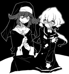 Rule 34 | 2girls, colored skin, cross, dowman sayman, dress, habit, hair ribbon, highres, konno junko, low twintails, monochrome, multicolored skin, multiple girls, nun, ribbon, ringed eyes, smile, takemi tae, twintails, yamada tae, zombie girl, zombie land saga