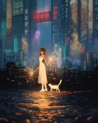 Rule 34 | 1girl, 1other, animal, beach, blue theme, blunt bangs, blurry, brown hair, city lights, cityscape, closed eyes, depth of field, dress, full body, head tilt, high heels, highres, holding, holding fireworks, light particles, long hair, neon lights, night, original, sam yang, scenery, see-through clothes, see-through dress, smile, translation request, walking, white dress