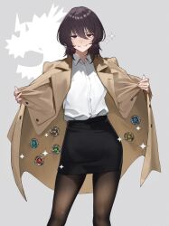 1girl beyblade beyblade_(object) beyblade_x black_hair black_skirt coat coat_stash commentary_request copyright_request downer_onee-san_(downer_onee-san_wa_asobitai) downer_onee-san_wa_asobitai highres looking_at_viewer open_clothes open_coat pantyhose pencil_skirt red_eyes shirt skirt smile solo ushiwaka white_shirt